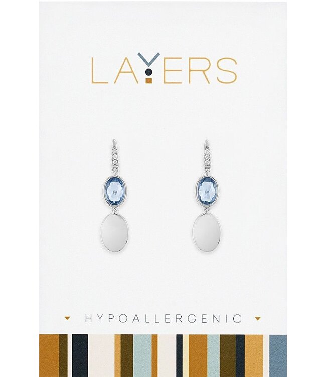 Silver Sky Blue Double Oval Dangle Layers Earrings