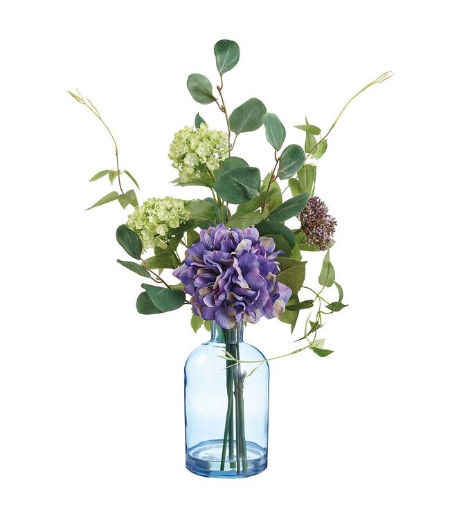 20" Hydrangea/Snowball/Sedum in Glass Vase Purple Green