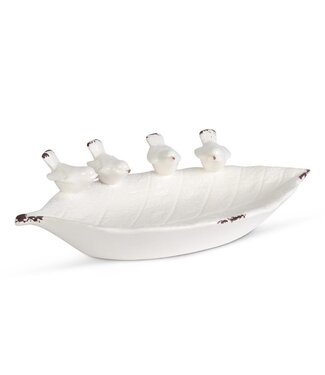 14" White Ceramic Leaf Bowl w/4 Song Birds