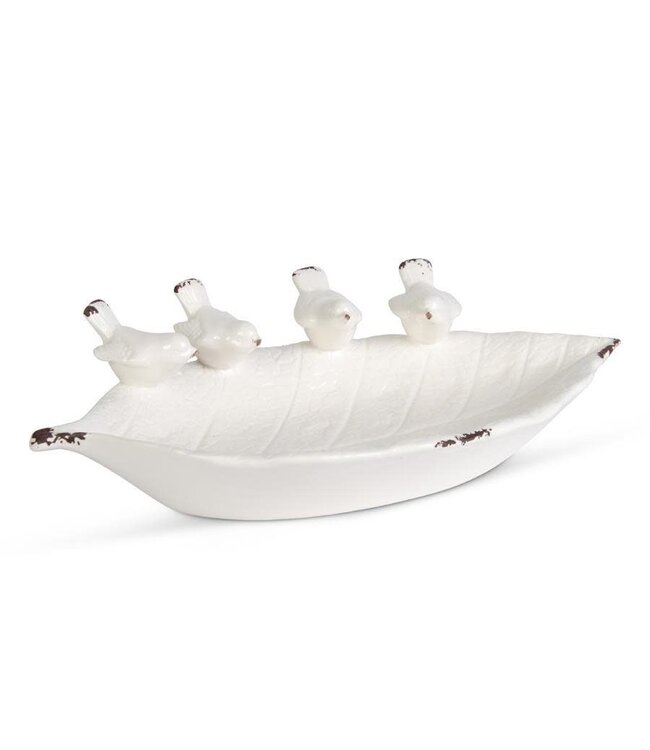 14" White Ceramic Leaf Bowl w/4 Song Birds