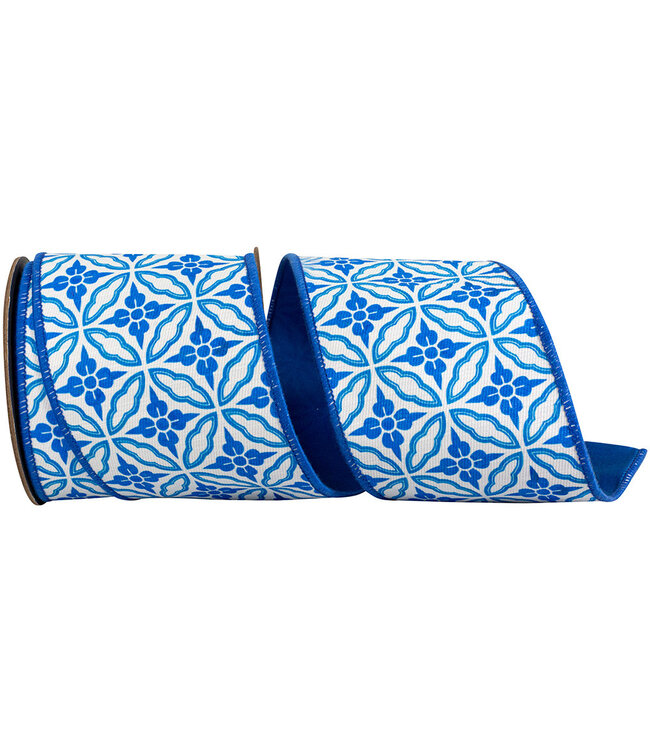 4 Inch Amalfi Designer Blues Chinoiserie Twill Deluxe Dupioni Backed Wired Edge Porcelain Blue