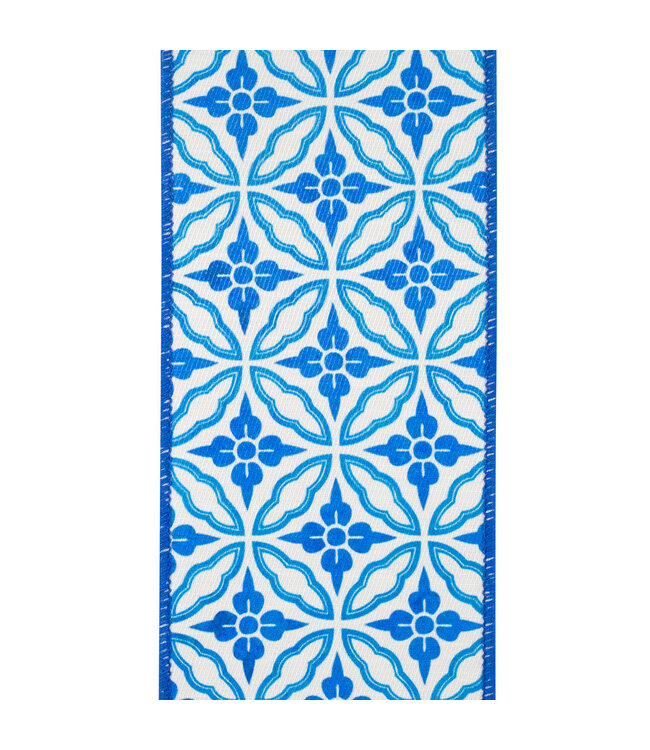 4 Inch Amalfi Designer Blues Chinoiserie Twill Deluxe Dupioni Backed Wired Edge Porcelain Blue