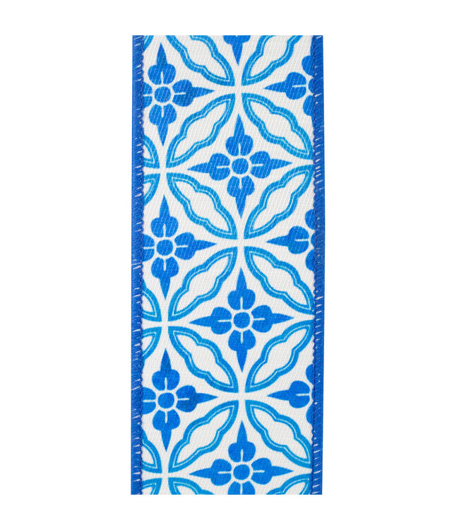 2-1/2 Inch Amalfi Designer Blues Chinoiserie Twill Deluxe Dupioni Backed Wired Edge Porcelain Blue