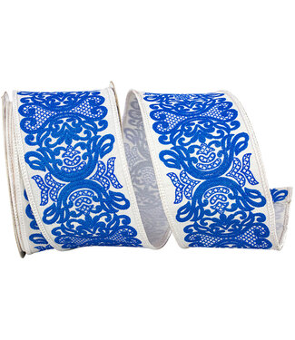 2-1/2 Inch Regal Filigree Chinoiserie Printed Dupioni Wired Edge White/Blue