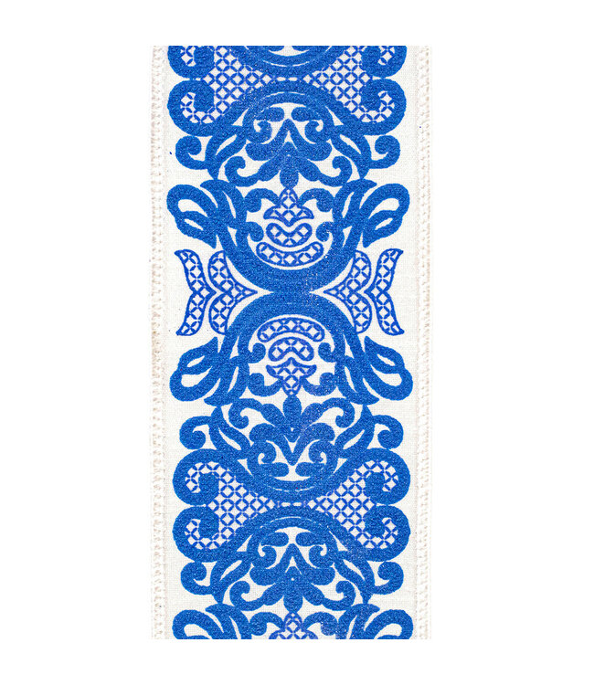 2-1/2 Inch Regal Filigree Chinoiserie Printed Dupioni Wired Edge White/Blue