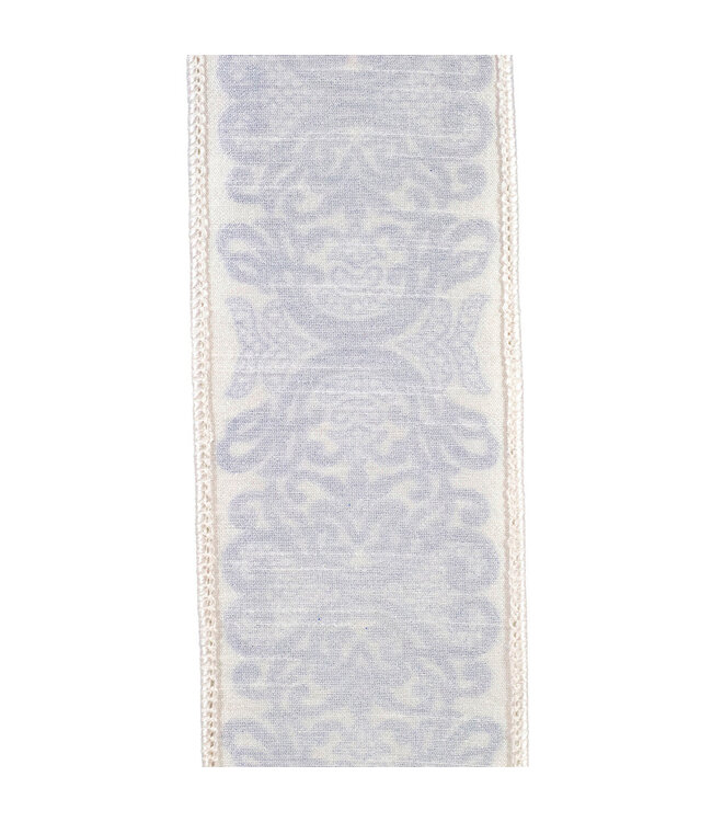2-1/2 Inch Regal Filigree Chinoiserie Printed Dupioni Wired Edge White/Blue