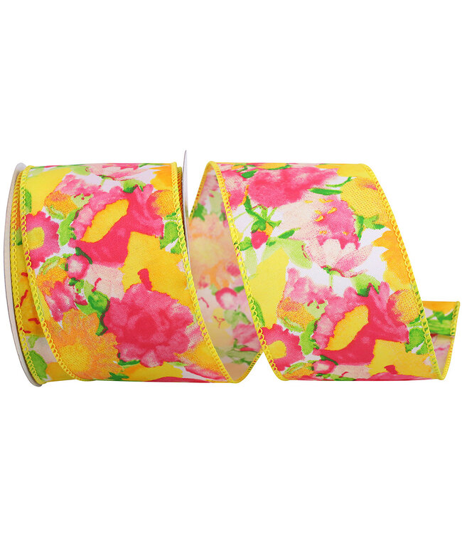 2-1/2 Inch Floral Impressionist Bright Wired Edge Yellow