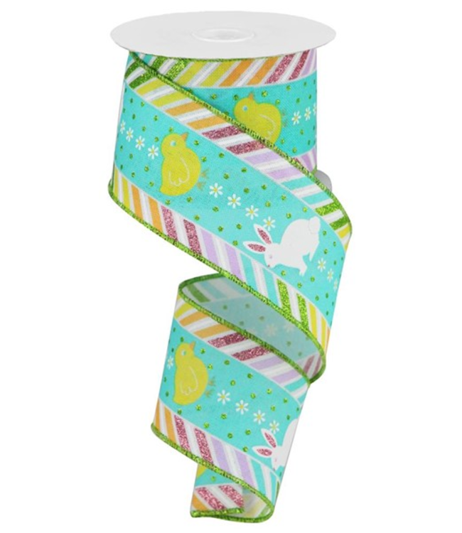 2.5"X10yd Chick/Bunny/Diagonal Brdr/Ryl Ribbon