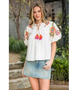 Zoey Embroidered Detail Puff Sleeve Top