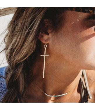 LESLIE CURTIS JEWELRY DESIGNS 2.5" Ada  Earring Hammered Gold Thin Cross