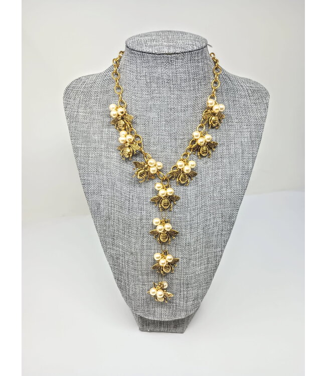 8" Gold Necklace with 5" Drop plus Pearls and Embellished Bees