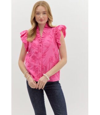 Addison Solid Cotton Floral Appliqué Bubble Flutter Sleeve Top