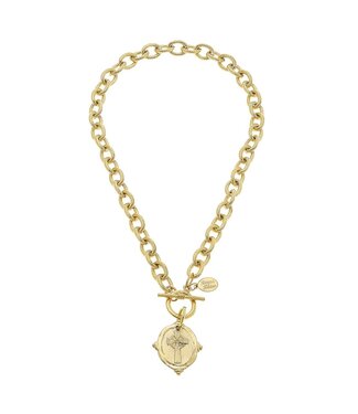 SUSAN SHAW Handcast Gold Cross Intaglio Toggle Necklace