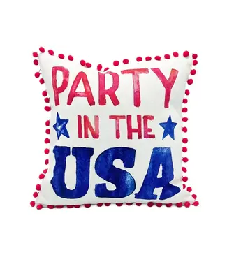 Party in the USA Pillow with Red Pompom Trim
