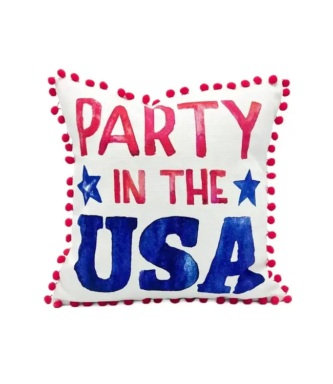 Party in the USA Pillow with Red Pompom Trim