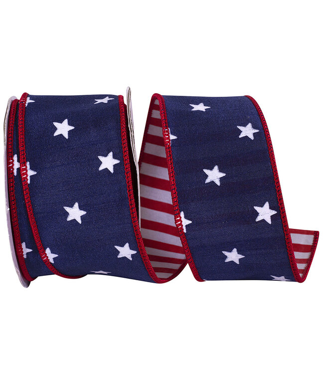 2.5 Inch Stars Dupioni Deluxe Striped Backing Wired Edge - Navy/Red