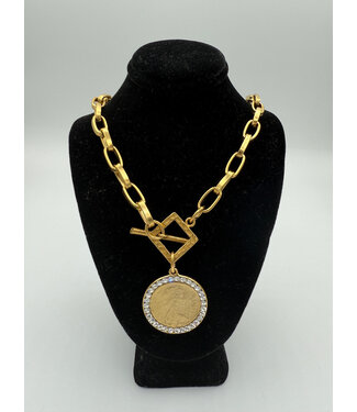 9.5" Gold Chain Link Necklace with Fashion Queen Elizabeth Rhinestone Coin Pendant