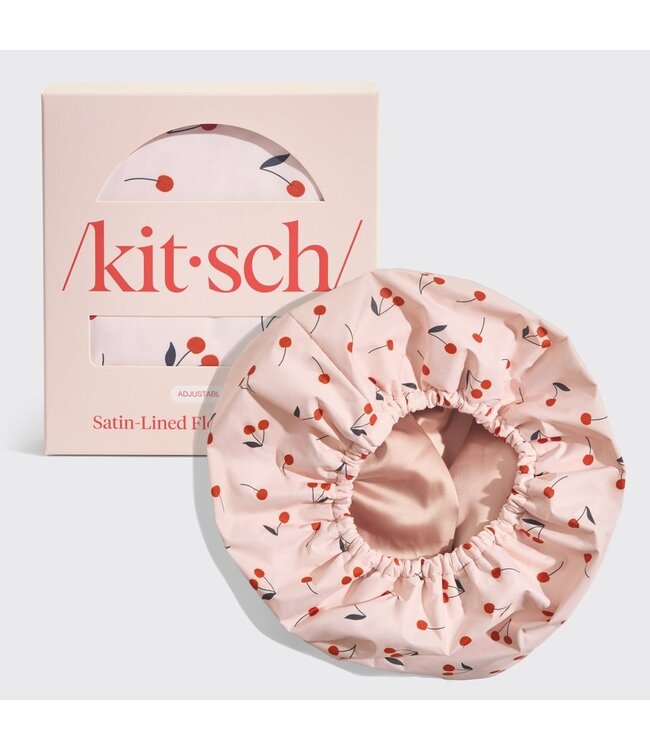 KITSCH Satin-Lined Flexi Shower Cap - Cherry Print