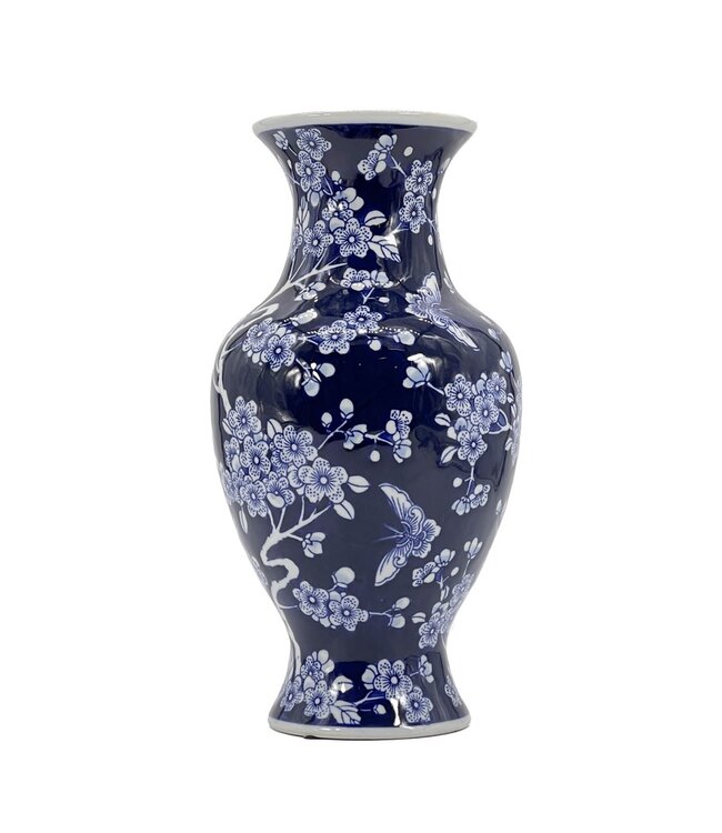 14" Dark Blue Chinoiserie Ceramic Vase