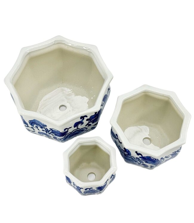 Ceramic Chinoiserie Planter Pot Round Hexagon Pot Fluted Edge - Sold Individually