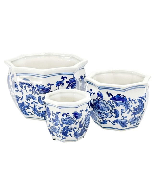 Ceramic Chinoiserie Planter Pot Round Hexagon Pot Fluted Edge - Sold Individually