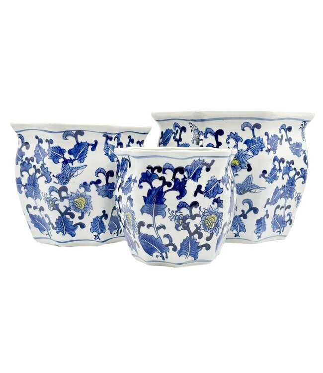 Ceramic Chinoiserie Planter Pot Blue & White + Yellow - Sold Individually