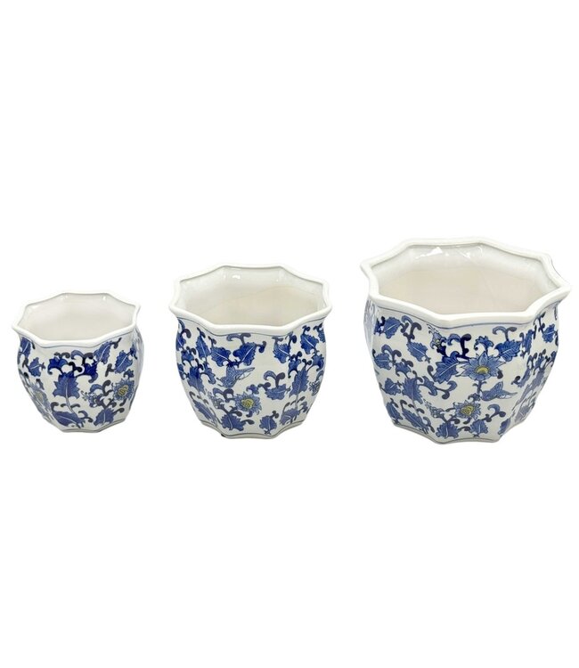 Ceramic Chinoiserie Planter Pot Blue & White + Yellow - Sold Individually