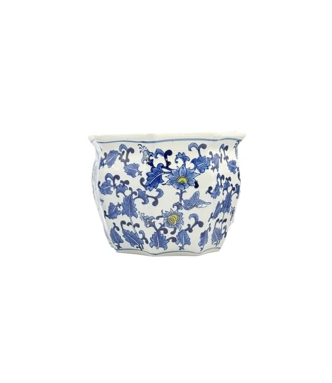 Ceramic Chinoiserie Planter Pot Blue & White + Yellow - Sold Individually