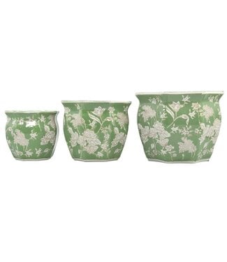 Ceramic Chinoiserie Planter Pot Green & White - Sold Individually