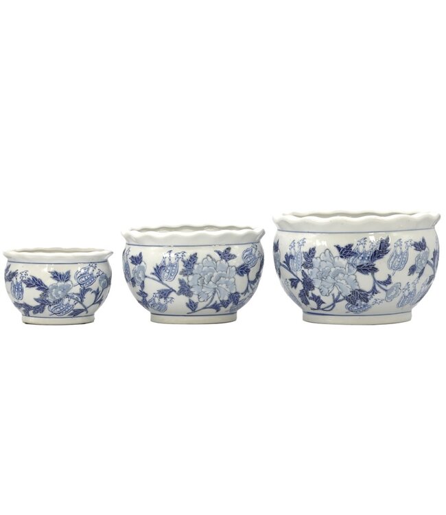 Ceramic Chinoiserie Planter Pot Round Blue & White - Sold Individually