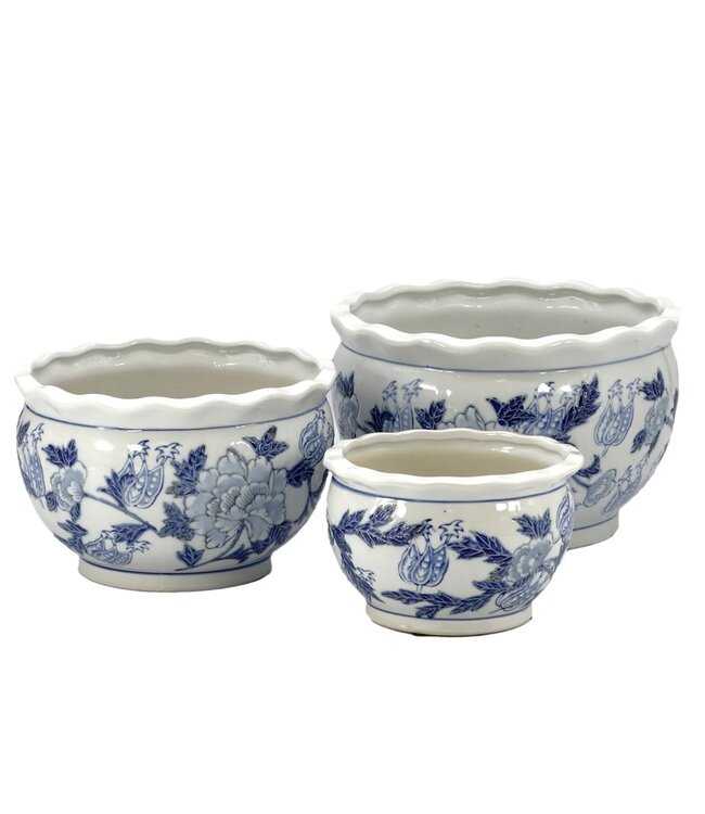 Ceramic Chinoiserie Planter Pot Round Blue & White - Sold Individually