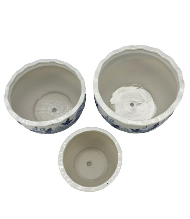 Ceramic Chinoiserie Planter Pot Round Blue & White - Sold Individually