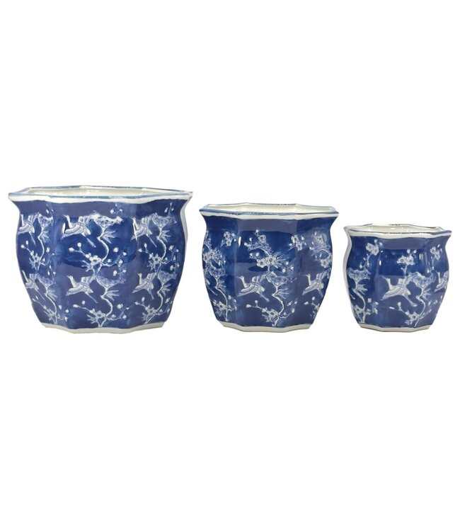 Ceramic Chinoiserie Planter Pot White & Blue Crane - Sold Individually