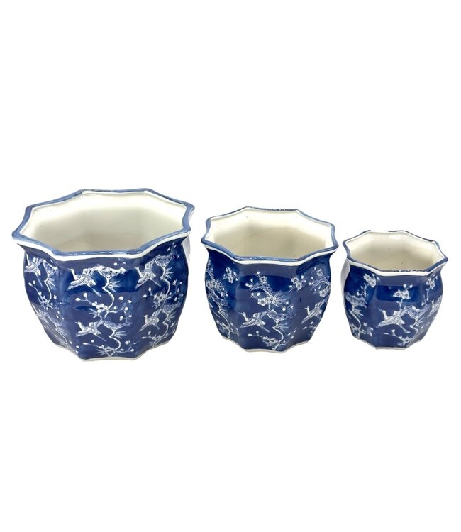 Ceramic Chinoiserie Planter Pot White & Blue Crane - Sold Individually