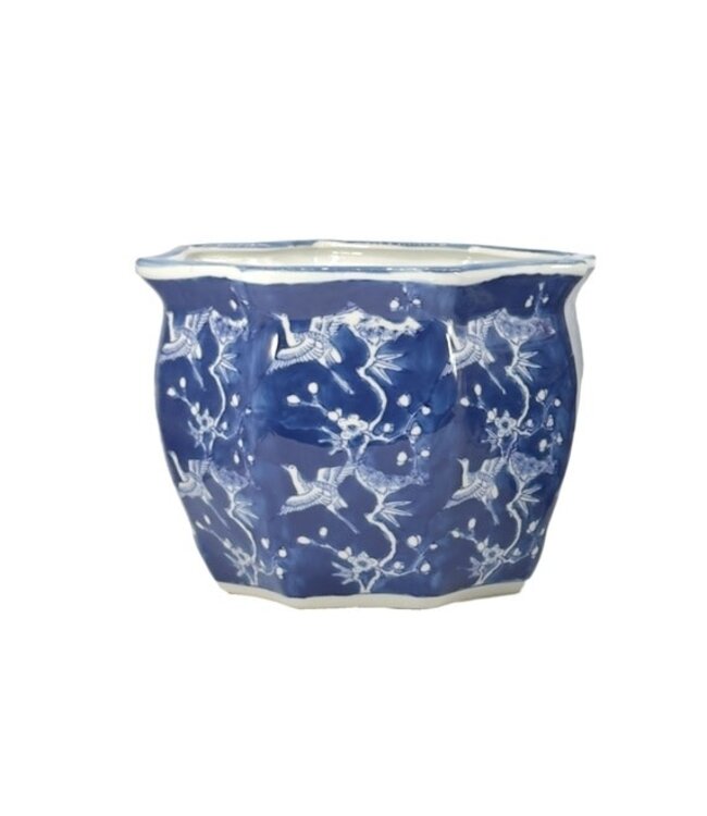 Ceramic Chinoiserie Planter Pot White & Blue Crane - Sold Individually