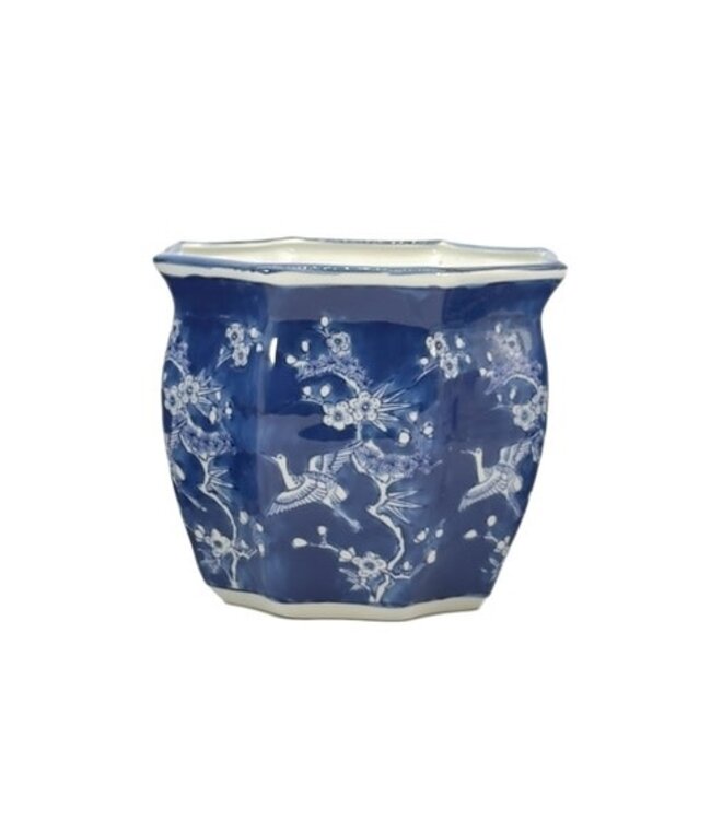 Ceramic Chinoiserie Planter Pot White & Blue Crane - Sold Individually