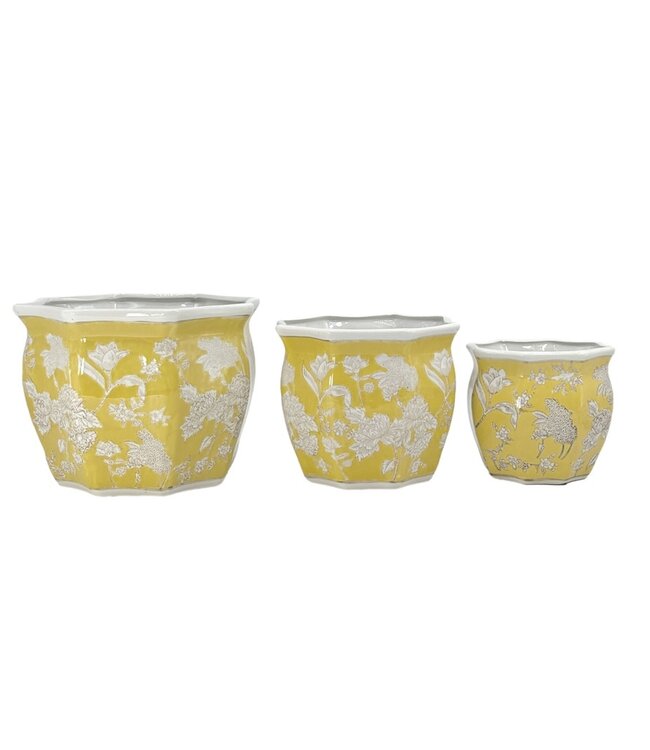 Ceramic Chinoiserie Planter Pot Yellow & White - Sold Individually