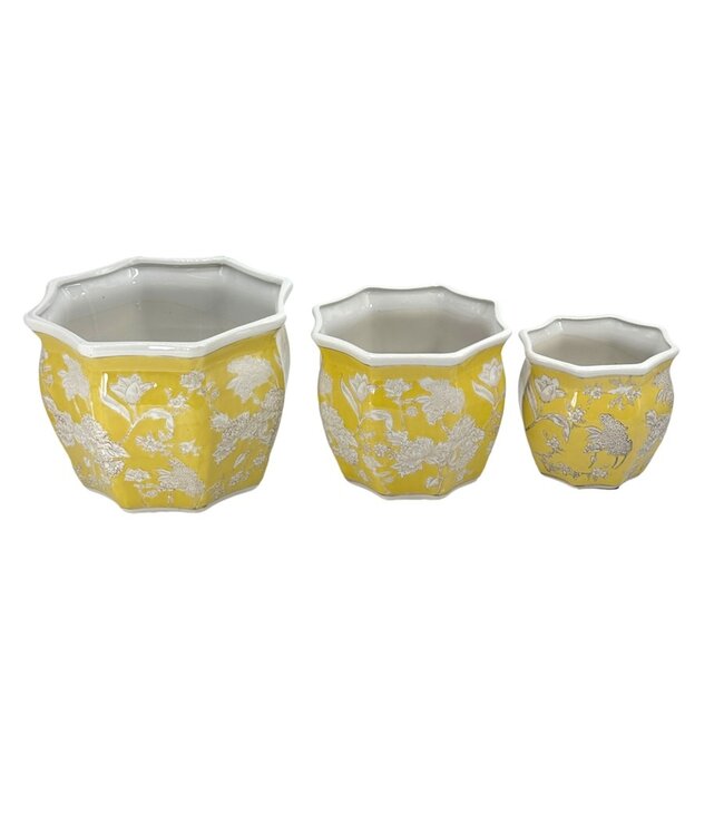 Ceramic Chinoiserie Planter Pot Yellow & White - Sold Individually