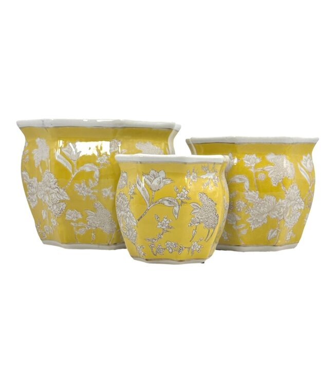Ceramic Chinoiserie Planter Pot Yellow & White - Sold Individually