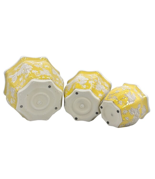 Ceramic Chinoiserie Planter Pot Yellow & White - Sold Individually