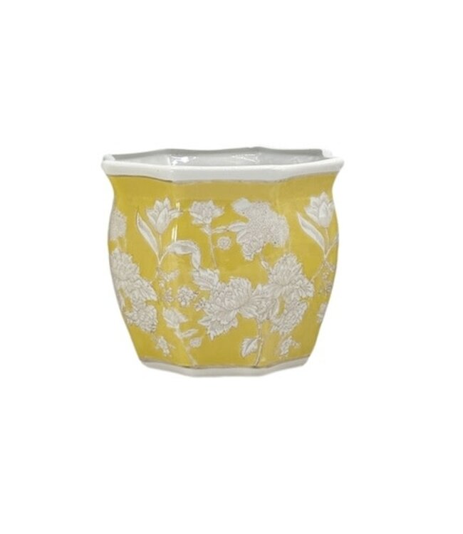 Ceramic Chinoiserie Planter Pot Yellow & White - Sold Individually