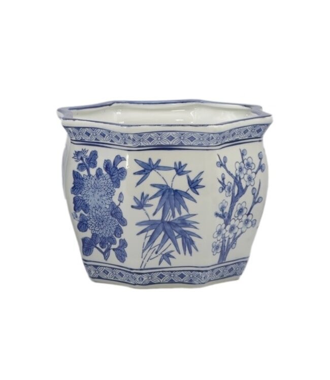 Ceramic Chinoiserie Planter Pot White & Blue Round Hex - Sold Individually