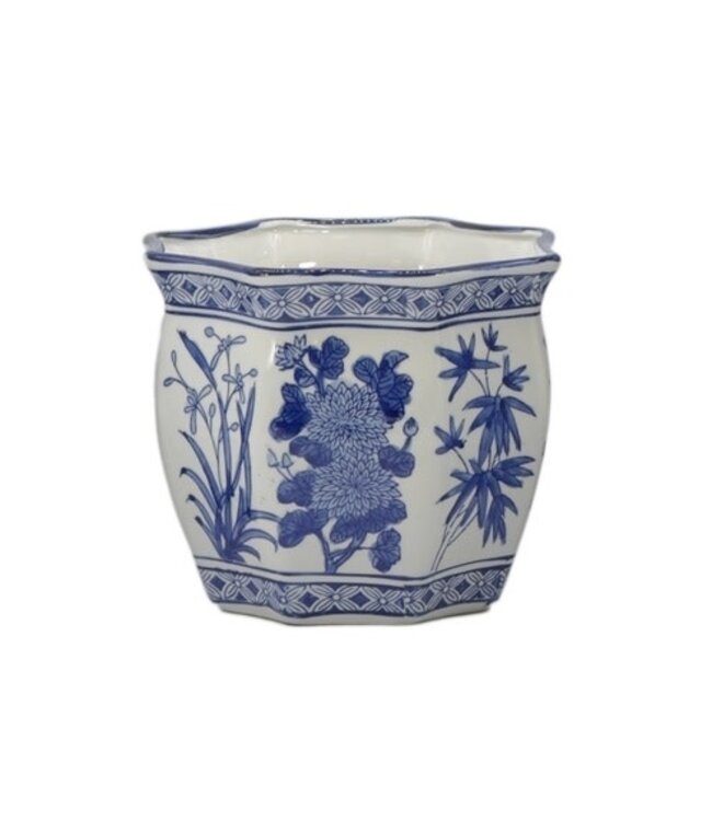 Ceramic Chinoiserie Planter Pot White & Blue Round Hex - Sold Individually