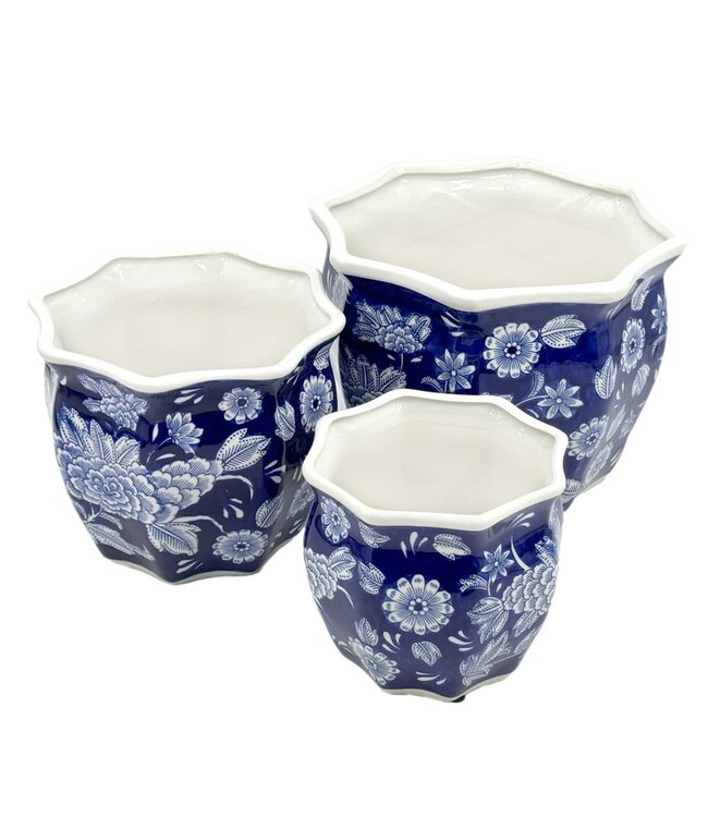 Ceramic Chinoiserie Planter Pot Dark Blue & White - Sold Individually