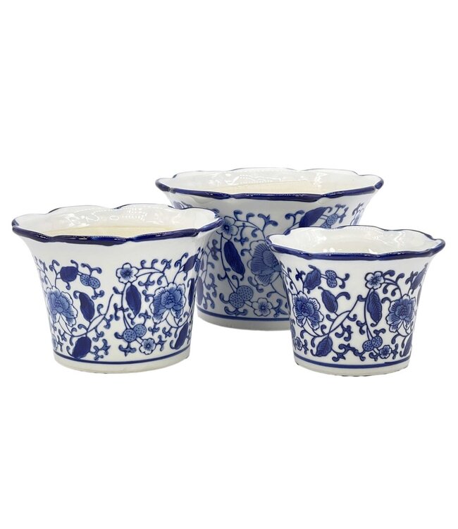 Blue & White Floral Ceramic Pot Ruffled Lip Style2 - Sold Individually