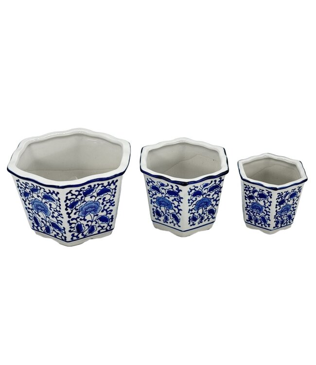 Blue & White Hexagon Floral Ceramic Ruffled Lip - Sold Individually
