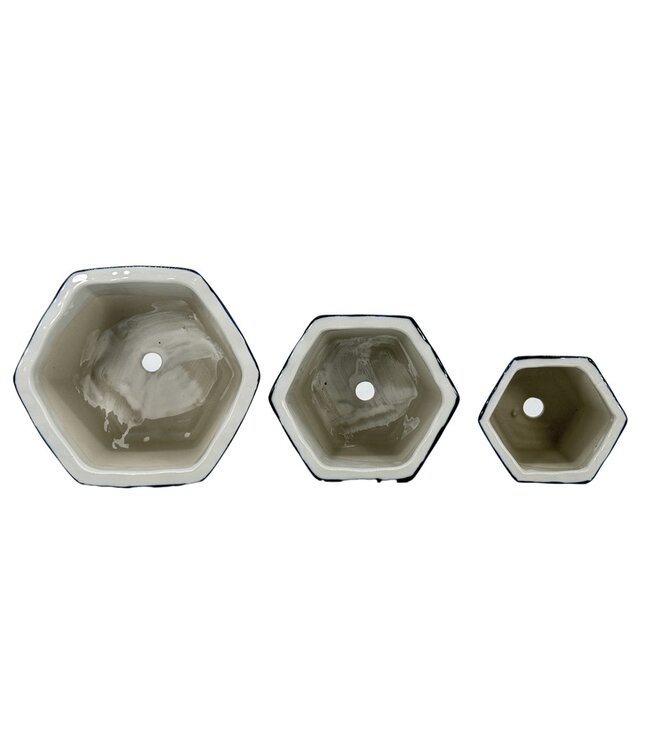 Blue & White Hexagon Floral Ceramic Ruffled Lip - Sold Individually