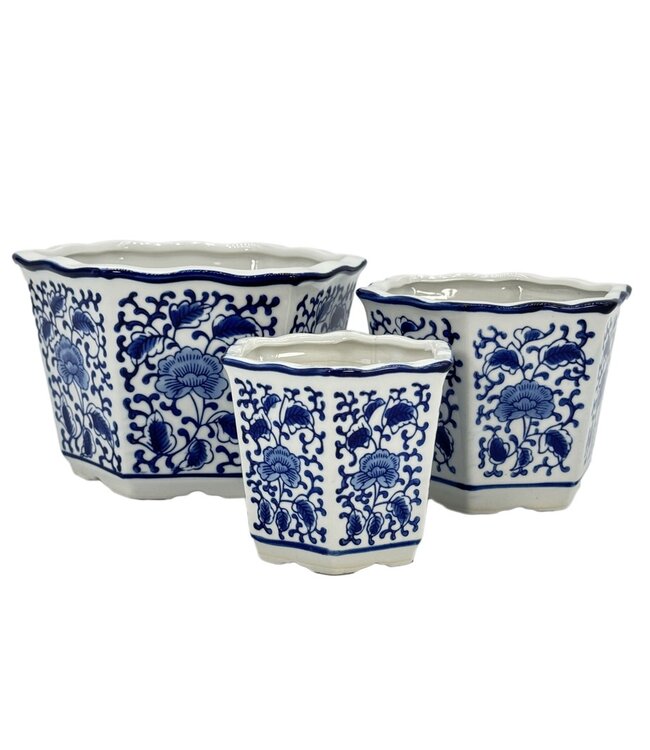Blue & White Hexagon Floral Ceramic Ruffled Lip - Sold Individually