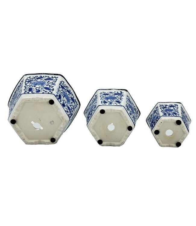 Blue & White Hexagon Floral Ceramic Ruffled Lip - Sold Individually