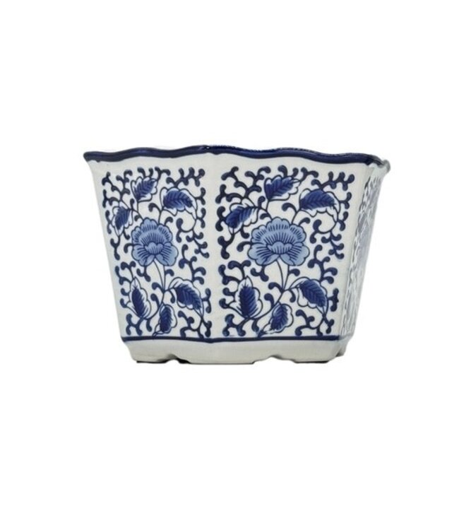 Blue & White Hexagon Floral Ceramic Ruffled Lip - Sold Individually